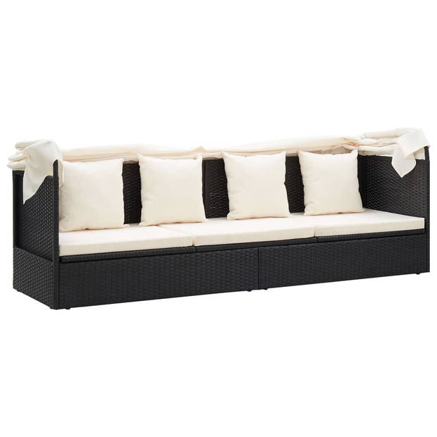 The Living Store Loungebed - Zwart PE-rattan - 200x60x124 cm - Met tafel en voetenbanken