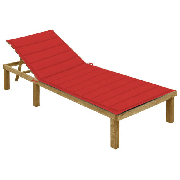 The Living Store Loungebed - Hout - Verstelbare rugleuning - Geïmpregneerd grenenhout - Rood kussen - 200 x 70 x