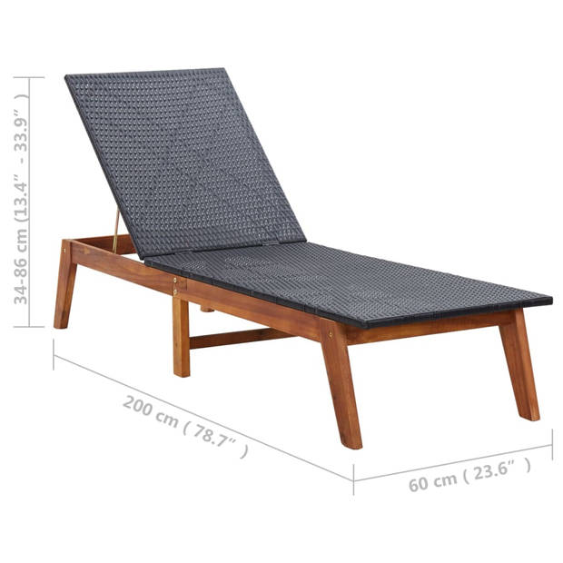 The Living Store Poly Rattan Ligbed - Zwart/Bruin - 200 x 60 x (34-86) cm - Verstelbare rugleuning