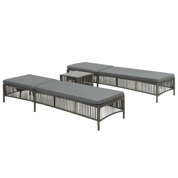 The Living Store-Ligbedden-2-st-met-tafel-poly-rattan-grijs - Ligbed