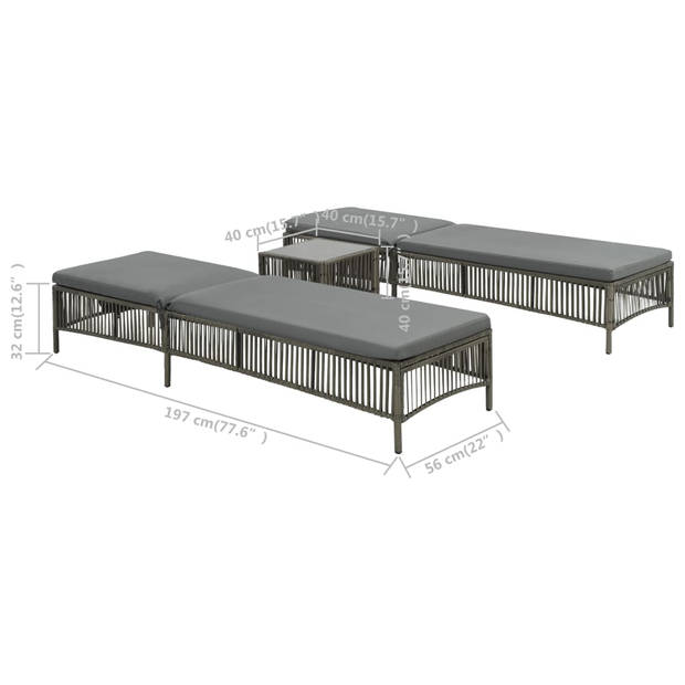 The Living Store-Ligbedden-2-st-met-tafel-poly-rattan-grijs - Ligbed