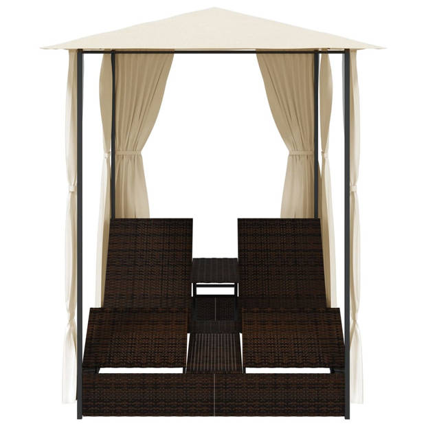 The Living Store Ligbed Dubbel - Bruin PE Rattan - 197x140x250 cm - Inclusief Luifel - Kussens en Gordijnen