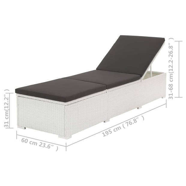 The Living Store Ligbed - Wit/Zwart - PE Rattan - Verstelbaar - 195x60x(31-68)cm