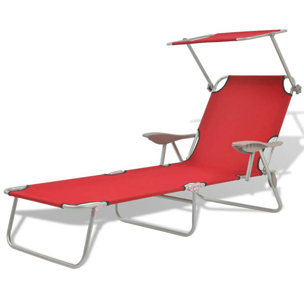 The Living Store Ligbed - Strandbed Inklapbaar 58x189x27 cm - Rood - Verstelbare Rugleuning en Luifel - Draagvermogen