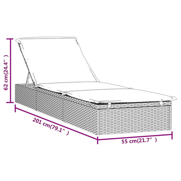 The Living Store Ligbedden Zwart - PE-rattan - Staal - 201 x 55 x 20/23/36/50/62 cm - Verstelbaar