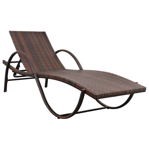 The Living Store Ligstoel Tuin - PE Rattan - 193x64x56cm - Bruin - Crèmewit - Staal