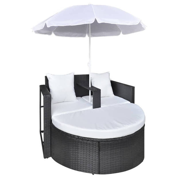 The Living Store Zwarte Rattan Loungestoel en Witte Parasol - Stalen Frame - 130 x 58 x 77 cm - 119 x 54 x 36 cm - 1.8m