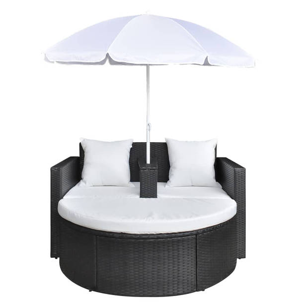 The Living Store Zwarte Rattan Loungestoel en Witte Parasol - Stalen Frame - 130 x 58 x 77 cm - 119 x 54 x 36 cm - 1.8m