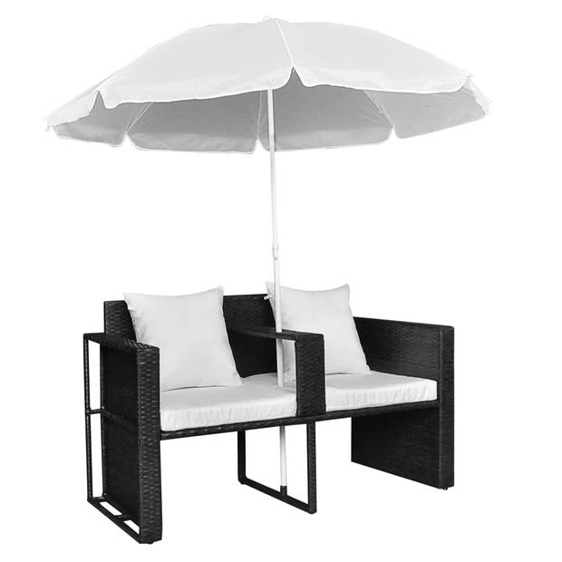 The Living Store Zwarte Rattan Loungestoel en Witte Parasol - Stalen Frame - 130 x 58 x 77 cm - 119 x 54 x 36 cm - 1.8m