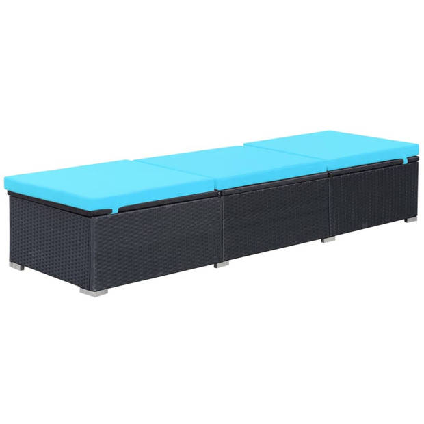 The Living Store Ligbed - Poly rattan - Zwart/Blauw - 195 x 60 x 31 cm - Verstelbaar - Met kussen - Eenvoudig te