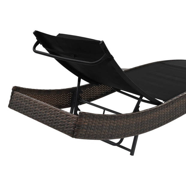 The Living Store Ligbed Bruin/Zwart - Poly Rattan - PE Rattan - Textileen - Staal - 213x70x(40-91.5)cm - Verstelbare