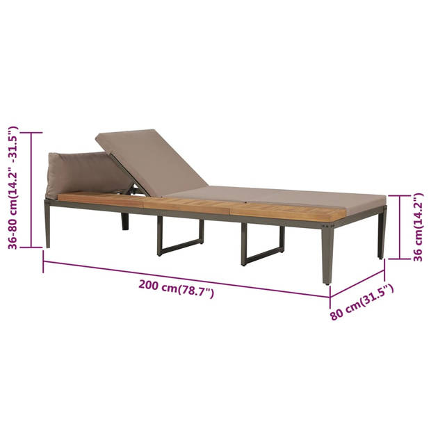 The Living Store Ligbed - Acaciahout - Stalen poten - Dik gevoerde kussens - Bruin - Lichte koffiekleur - 200 x 80 x