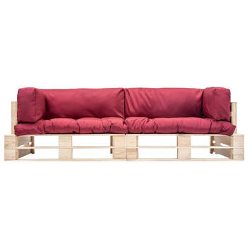 The Living Store Pallet bankenset - Grenenhout - 220 x 66 x 65 cm - Rood kussen