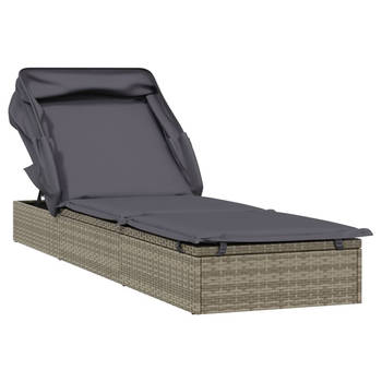 The Living Store Ligbed s - Ligbed met dak - Grijs - PE-rattan - 213 x 63 x 97 cm - Verstelbare zitting - Inklapbaar