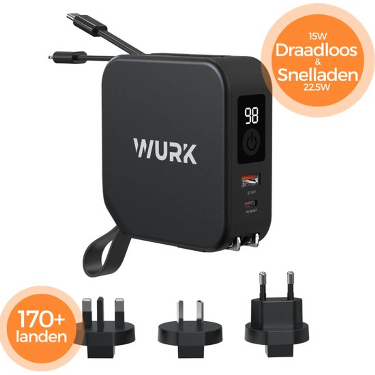 Wurk 5-in-1 PowerPack Powerbank Draadloze Oplader Wereldstekker Ingebouwde USB-C & Lightning Kabel