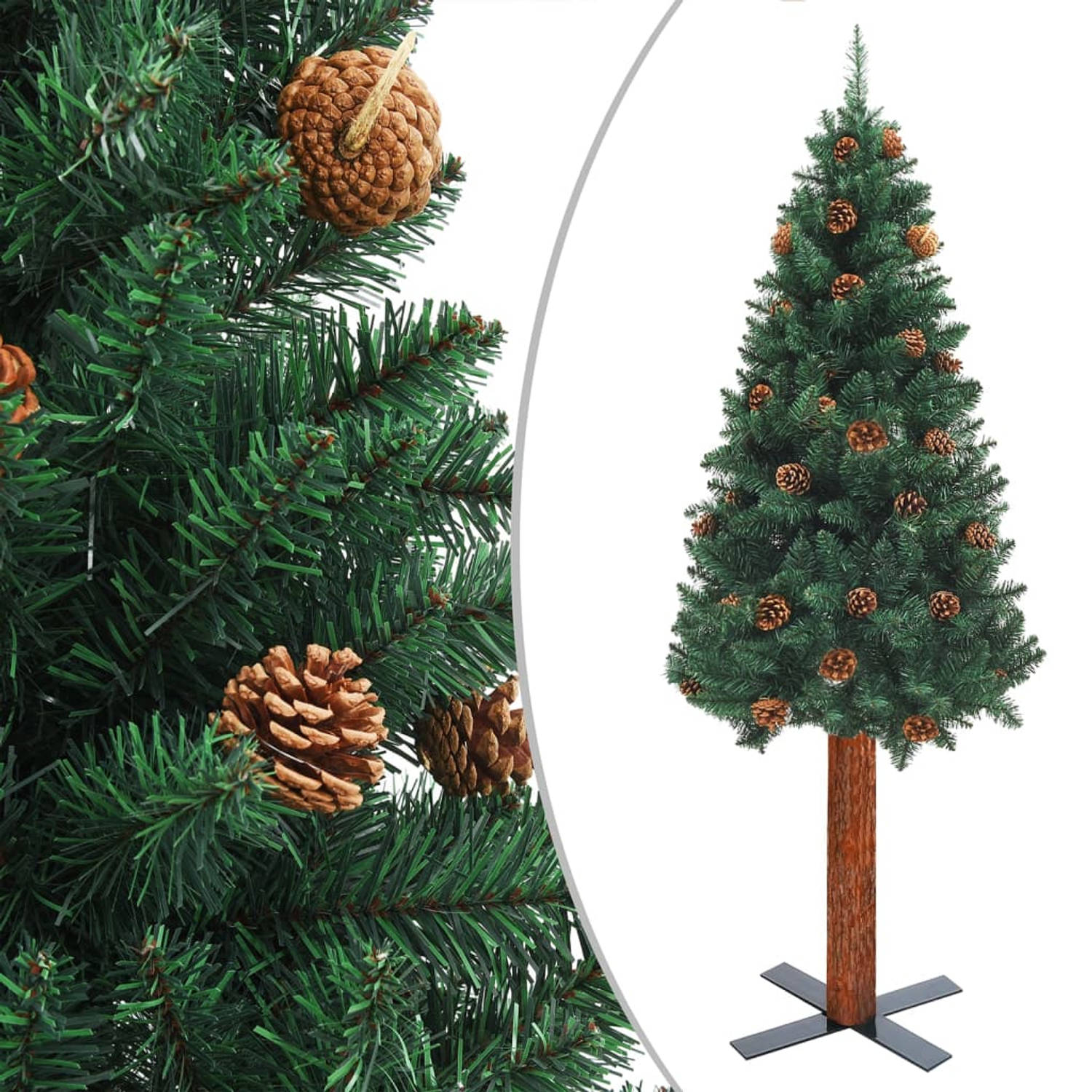 The Living Store Kerstboom met LED's en hout en dennenappels smal 180 cm groen - Decoratieve kerstboom