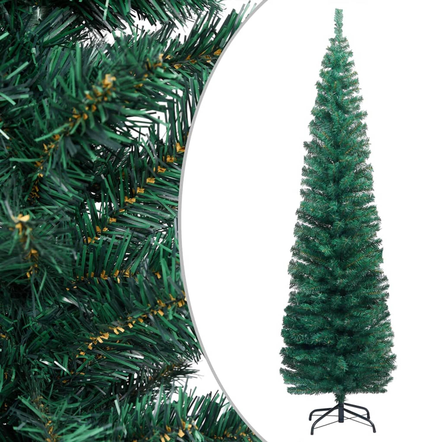 The Living Store Kunstkerstboom met LED's en standaard smal 210 cm PVC groen - Decoratieve kerstboom