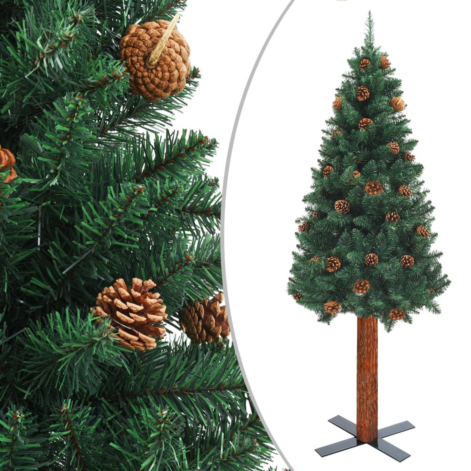 The Living Store Kerstboom met LED's en kerstballen smal 150 cm PVC groen - Decoratieve kerstboom