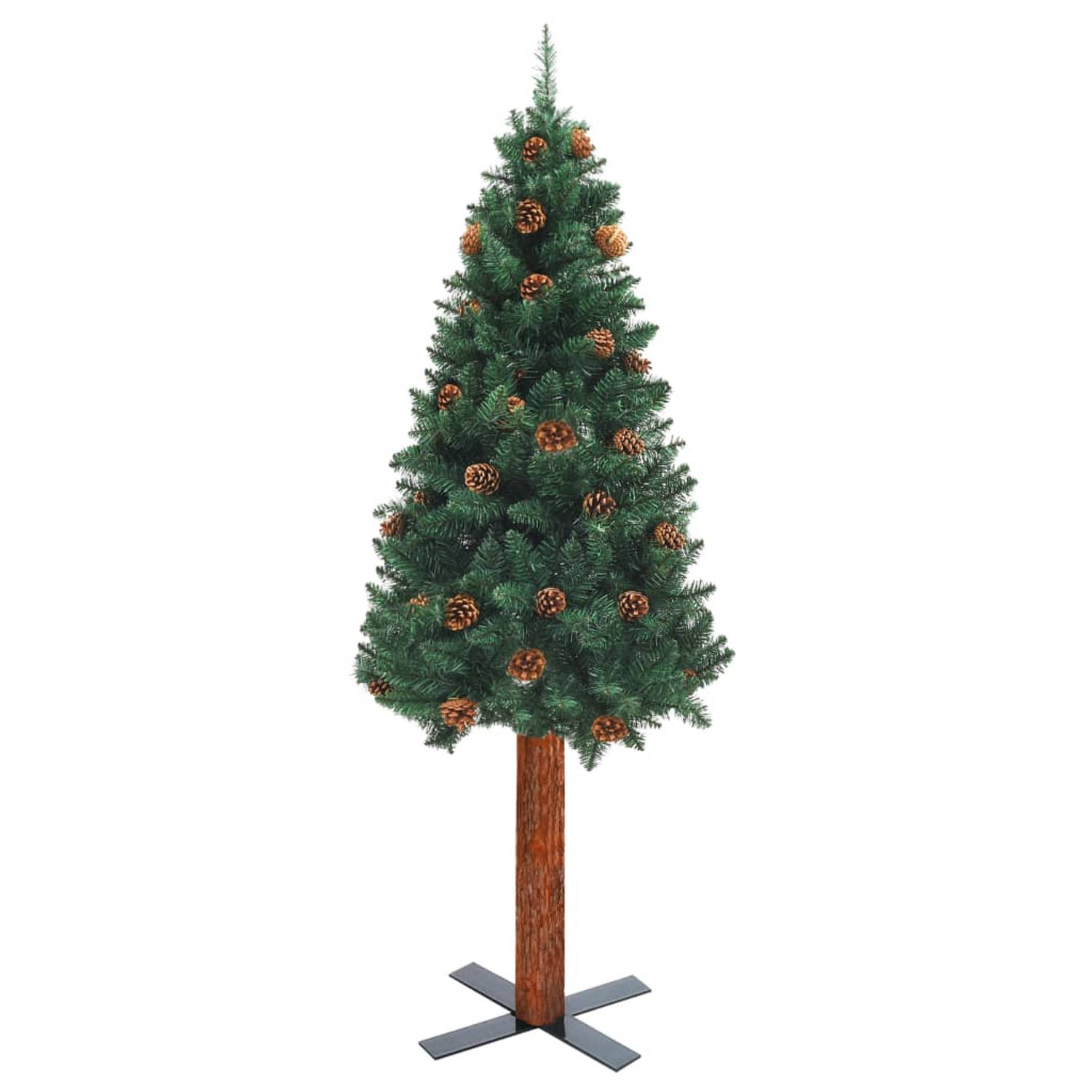 The Living Store Kerstboom met echt hout en dennenappels smal 210 cm PVC groen - Decoratieve kerstboom