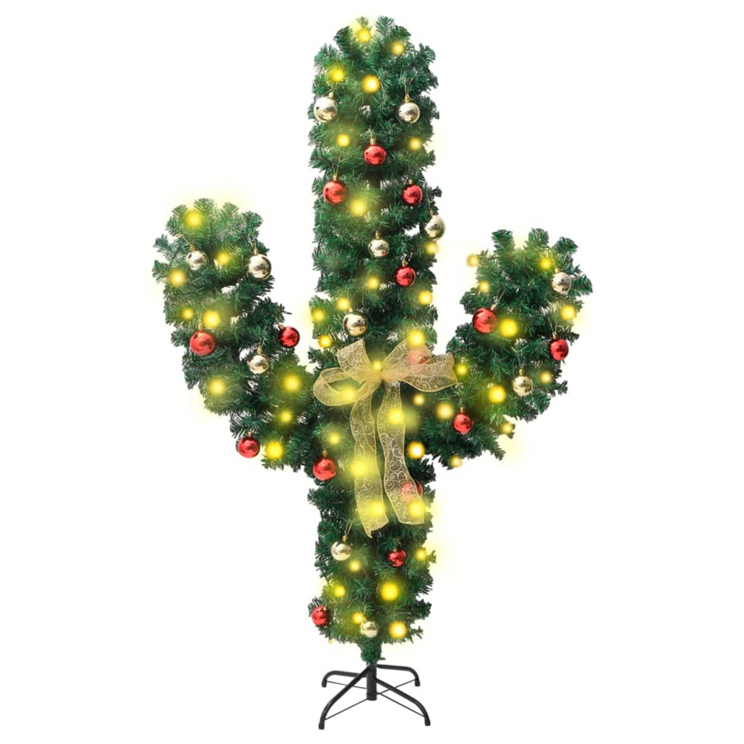 The Living Store Kerstcactus met standaard en LED's 180 cm PVC groen - Decoratieve kerstboom