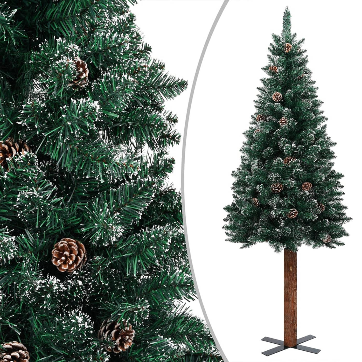 The Living Store Kerstboom met LED's en hout en witte sneeuw smal 180 cm groen - Decoratieve kerstboom