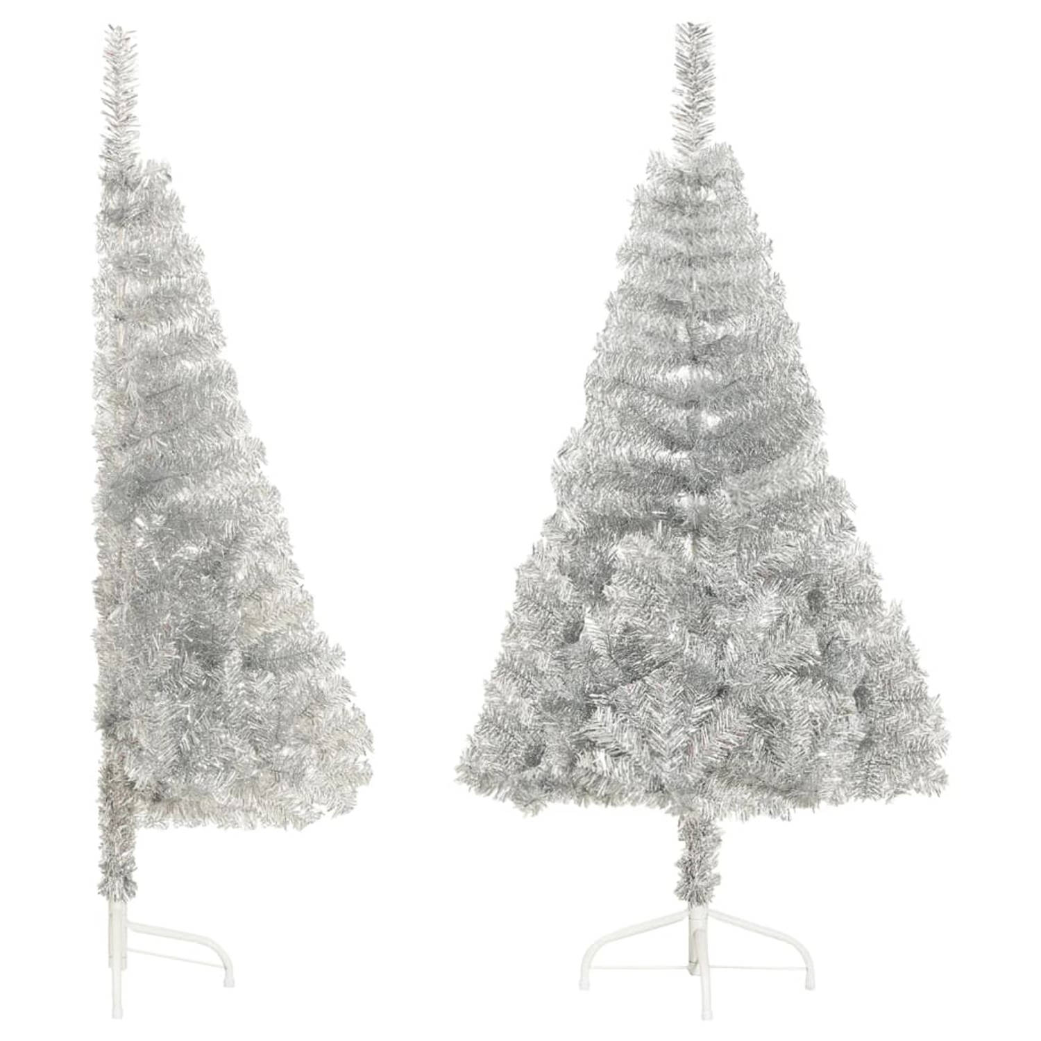 The Living Store Kunstkerstboom met standaard half 120 cm PVC zilverkleurig - Decoratieve kerstboom