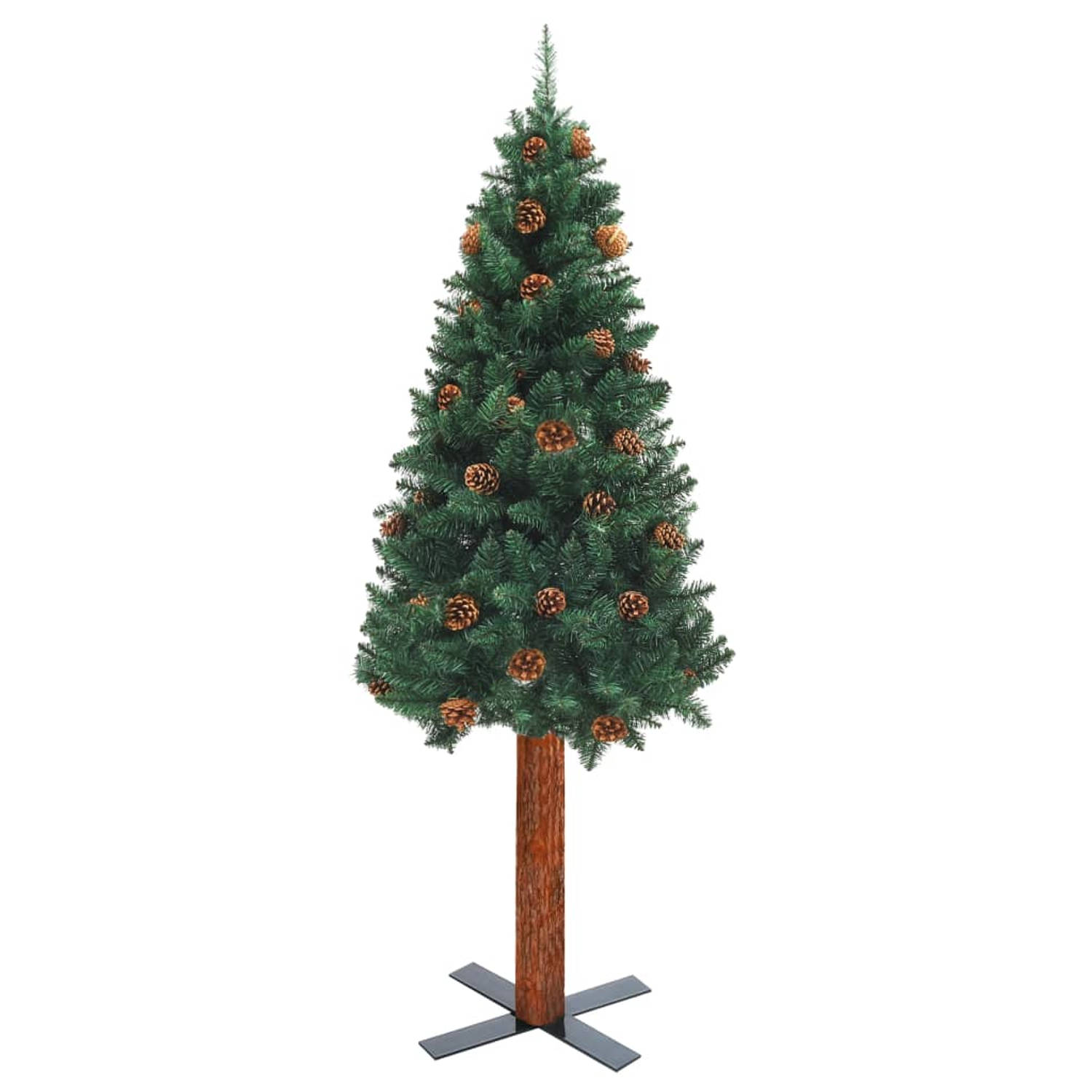 The Living Store Kerstboom met echt hout en dennenappels smal 180 cm PVC groen - Decoratieve kerstboom