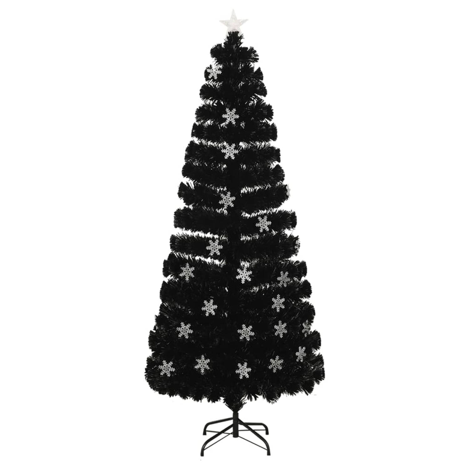 The Living Store Kerstboom met LED-sneeuwvlokken 210 cm glasvezel zwart - Decoratieve kerstboom
