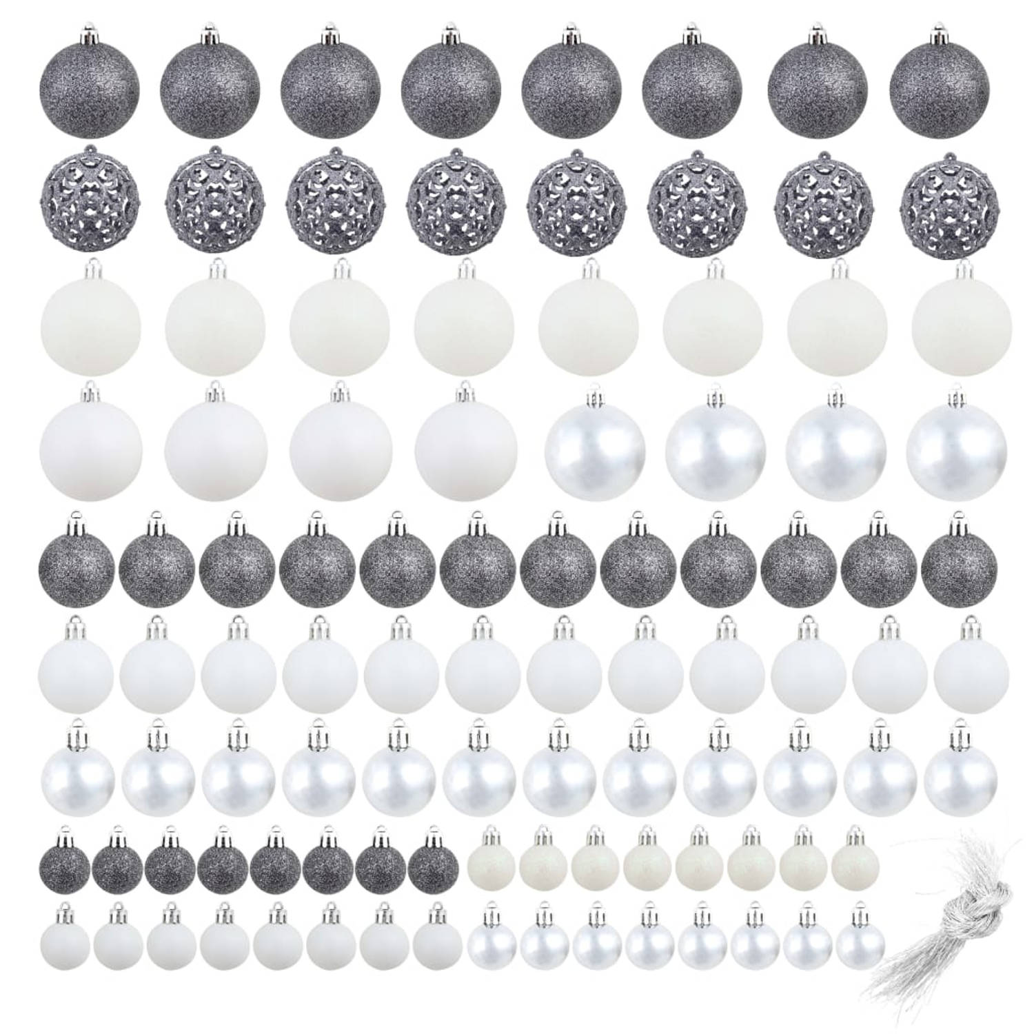 The Living Store Kerstballen Set - Glanzende decoraties voor boom en huis - Lichtgewicht kunststof - 3 maten (3cm - 4cm - 6cm) - Wit en grijs - Inclusief draad