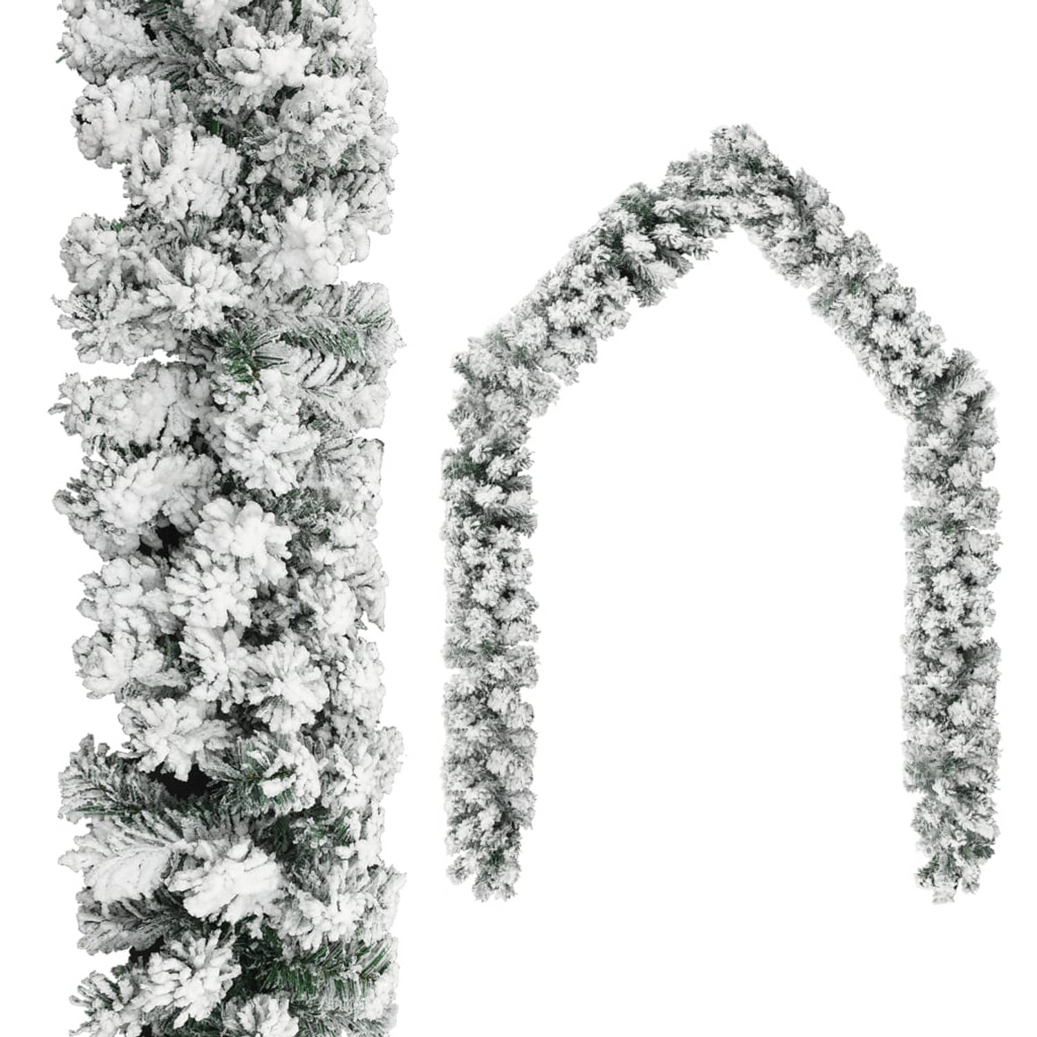 The Living Store Kerstslinger Guirlande - 20m - Met LED-verlichting - Groen met witte sneeuwvlokken - Incl - kerstballen en piek - PVC