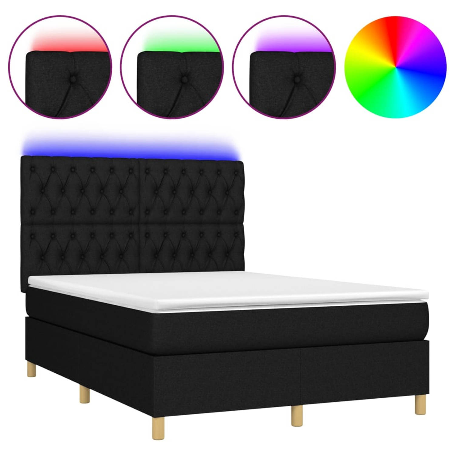 The Living Store Boxspring Bed - Zwart - 193 x 144 x 118/128 cm - Met LED en Pocketvering Matras - Huidvriendelijk Topmatras - 5 V USB-aansluiting