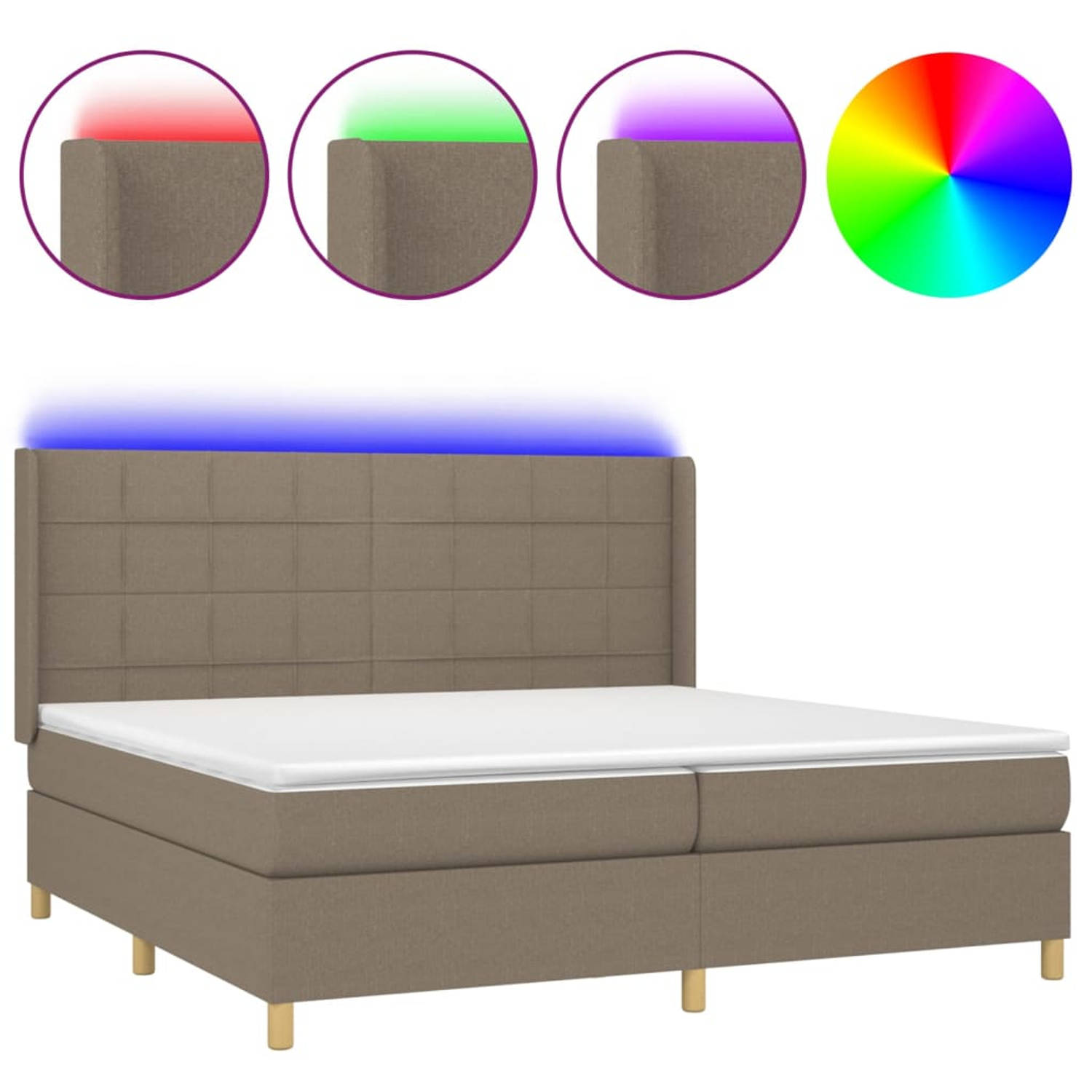 The Living Store Boxspring Bed - Taupe - 203x203x118/128 cm - Verstelbaar hoofdbord - LED-verlichting - Pocketvering matras - Huidvriendelijk topmatras - Montagehandleiding