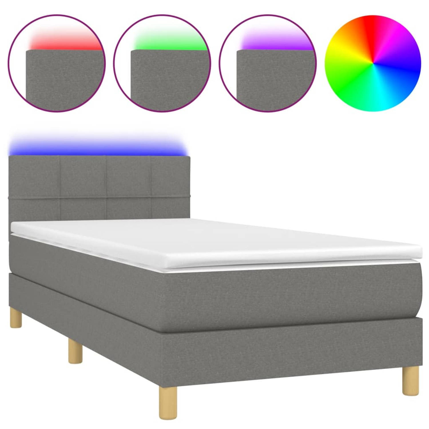 The Living Store Boxspring Bed - donkergrijs - 193 x 90 x 78/88 cm - Inclusief matras en LED
