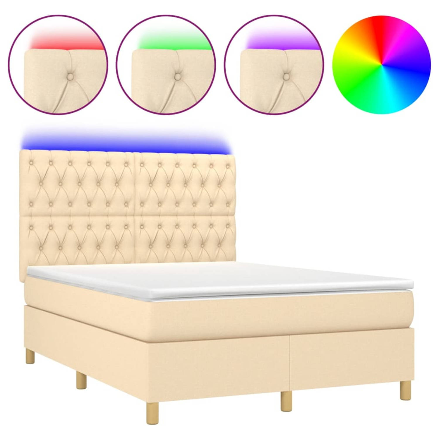 The Living Store Boxspring Bed - Crème - LED - 193 x 144 x 118/128 cm - Pocketvering - Huidvriendelijk