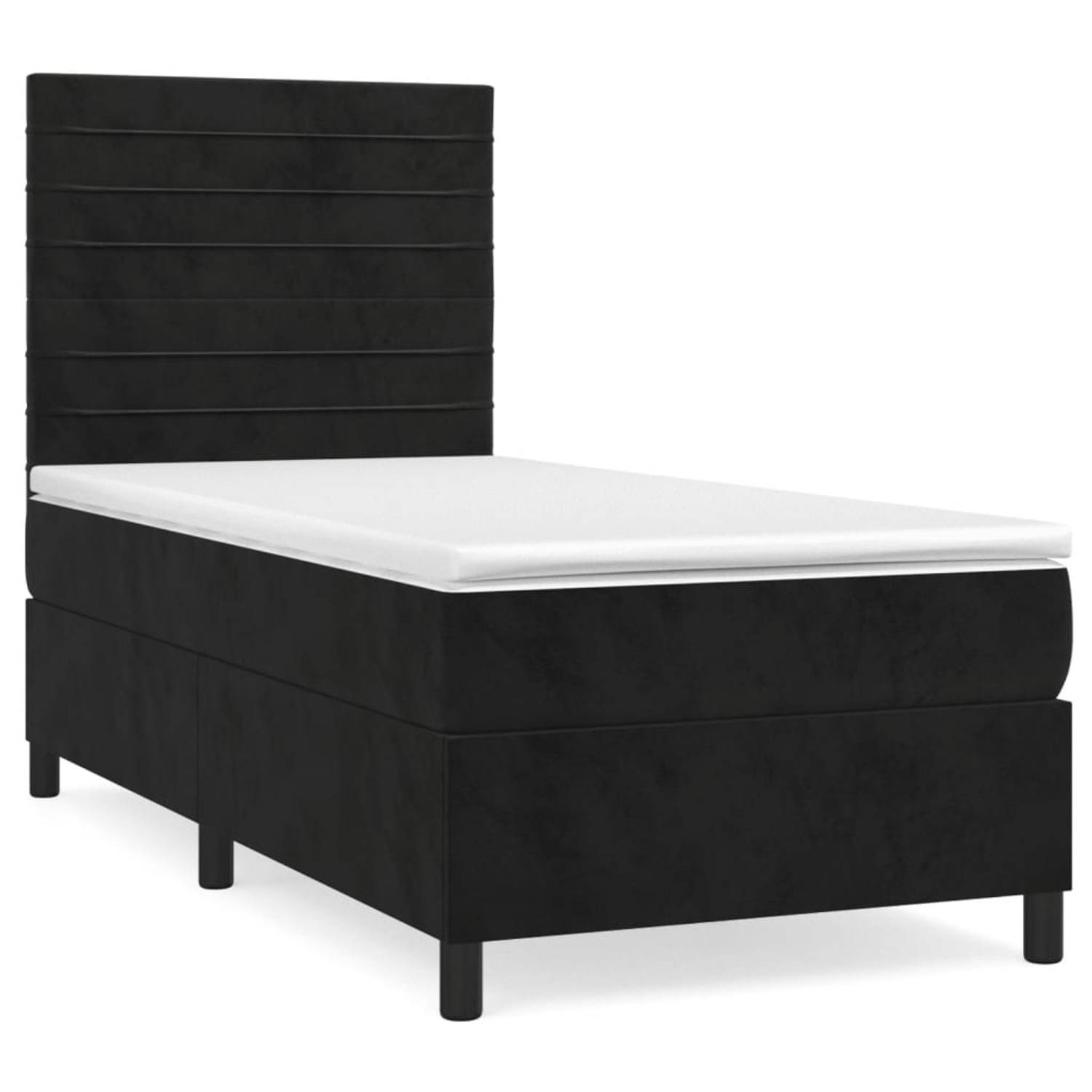 The Living Store Boxspringbed - Zwart - 203 x 90 x 118/128 cm - Zacht fluweel - Praktisch hoofdbord - Pocketvering matras - Middelharde ondersteuning - Huidvriendelijk topmatras