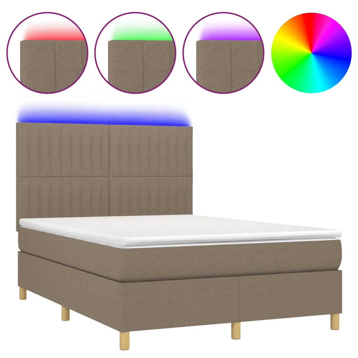 The Living Store Bed Boxspring - Taupe - 193x144x118/128 cm - Verstelbaar hoofdbord - LED-verlichting - Pocketvering matras - Huidvriendelijk topmatras