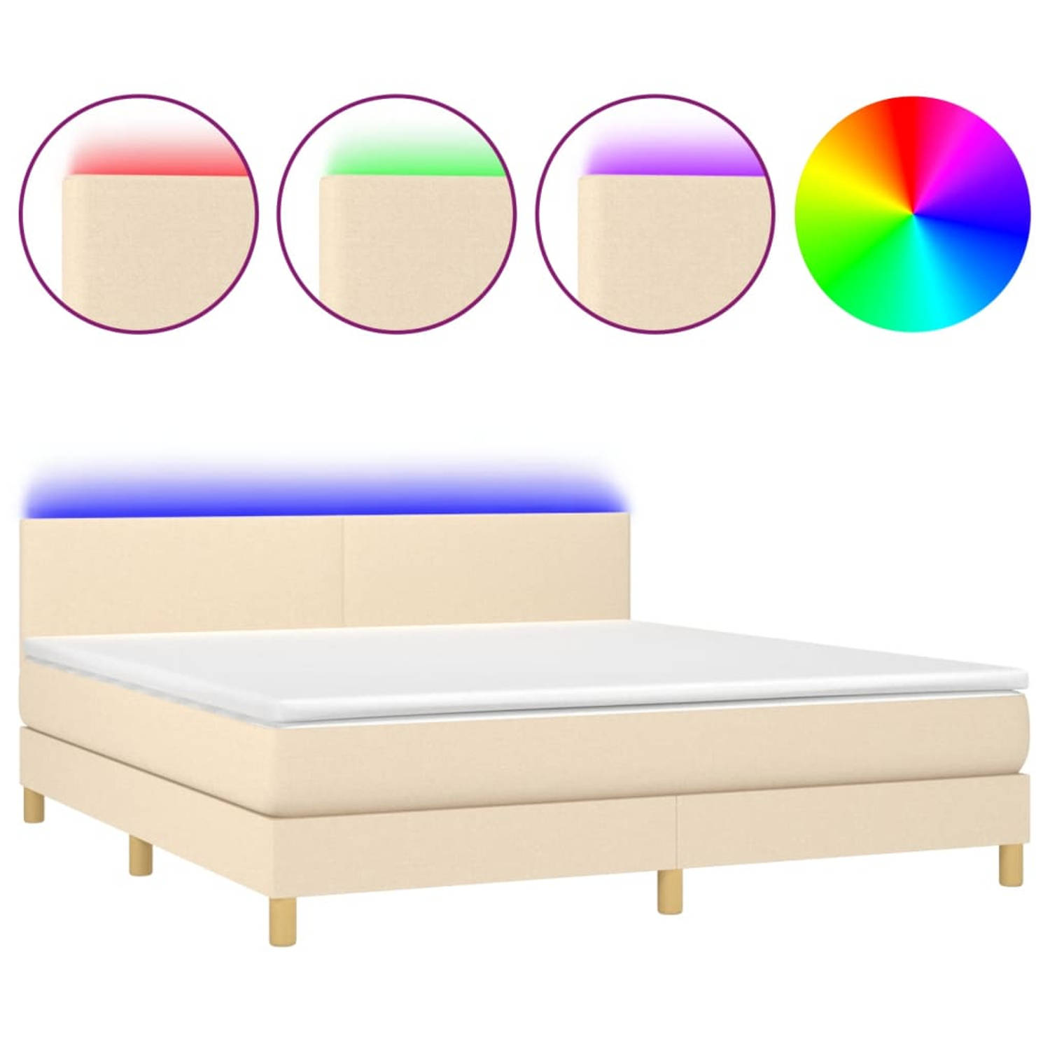 The Living Store Bed Boxspring - Crème - 203x180x78/88 cm - LED-verlichting - Pocketvering matras - Huidvriendelijk topmatras
