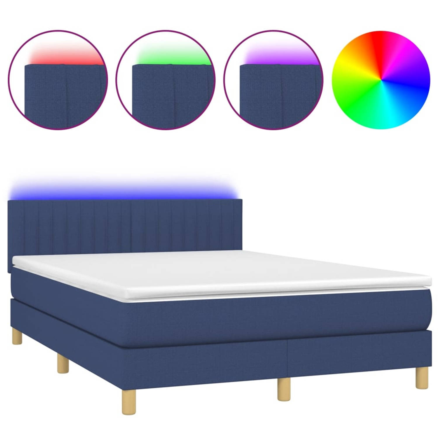 The Living Store Boxspring Bed - Blauw - 193 x 144 x 78/88 cm - Hoogte verstelbaar hoofdbord - Kleurrijke LED-verlichting - Pocketvering matras - Huidvriendelijk topmatras - Incl -