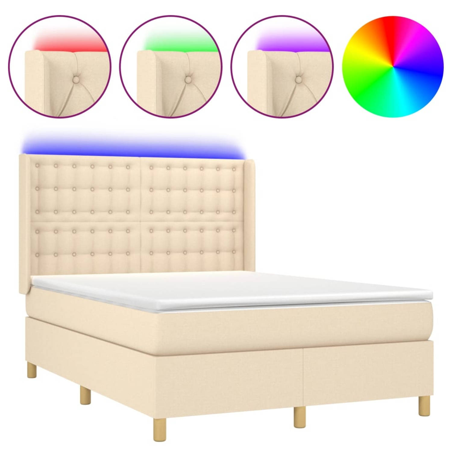 The Living Store Boxspring Bed - Crème - 193 x 147 x 118/128 cm - Verstelbaar hoofdbord - LED-verlichting - Pocketvering matras - Huidvriendelijk topmatras