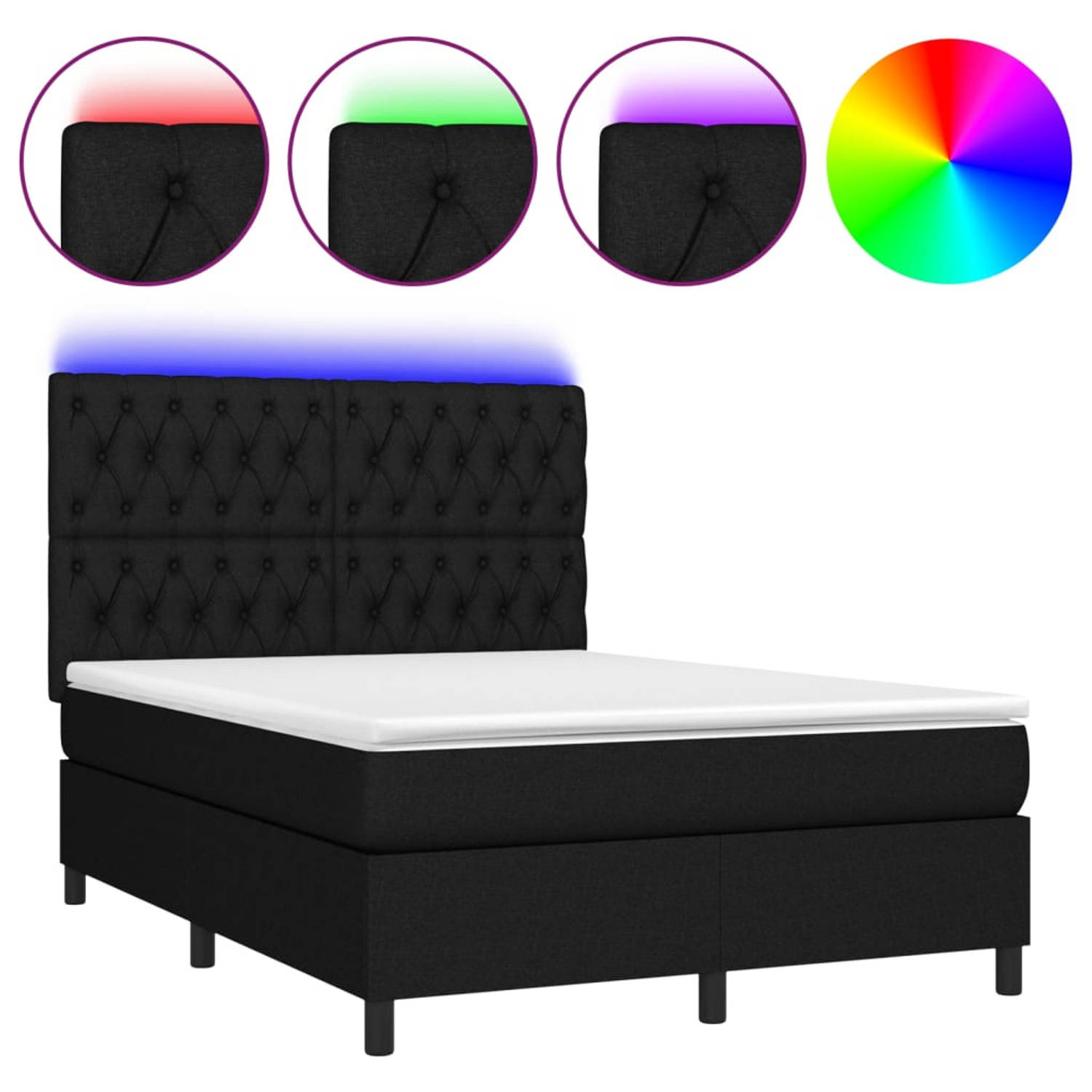 The Living Store Boxspring met matras en LED stof zwart 140x190 cm - Bed