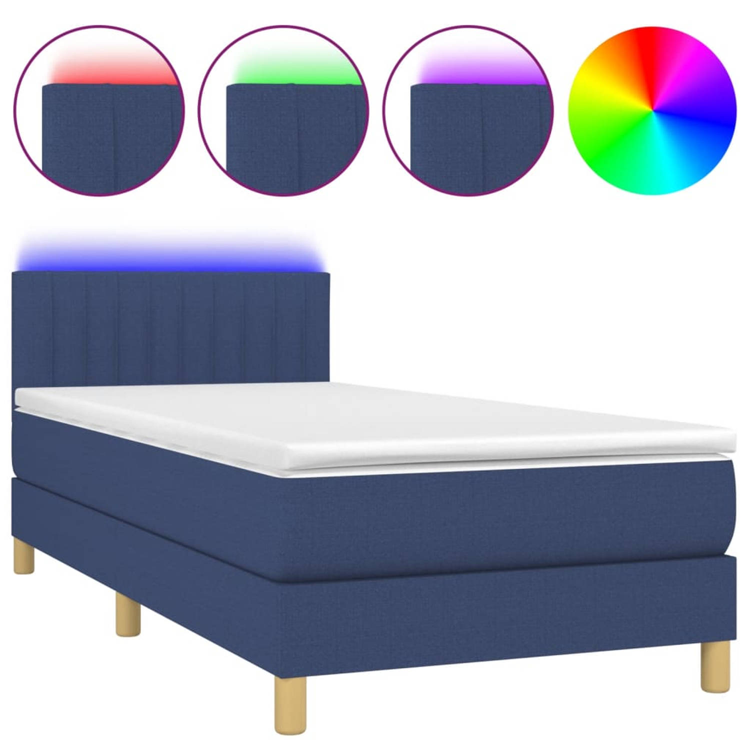 The Living Store Boxspring - Blauw - 203 x 90 x 78/88 cm - Verstelbaar hoofdbord - LED-verlichting - Pocketvering matras - Huidvriendelijk topmatras - Inclusief montagehandleiding