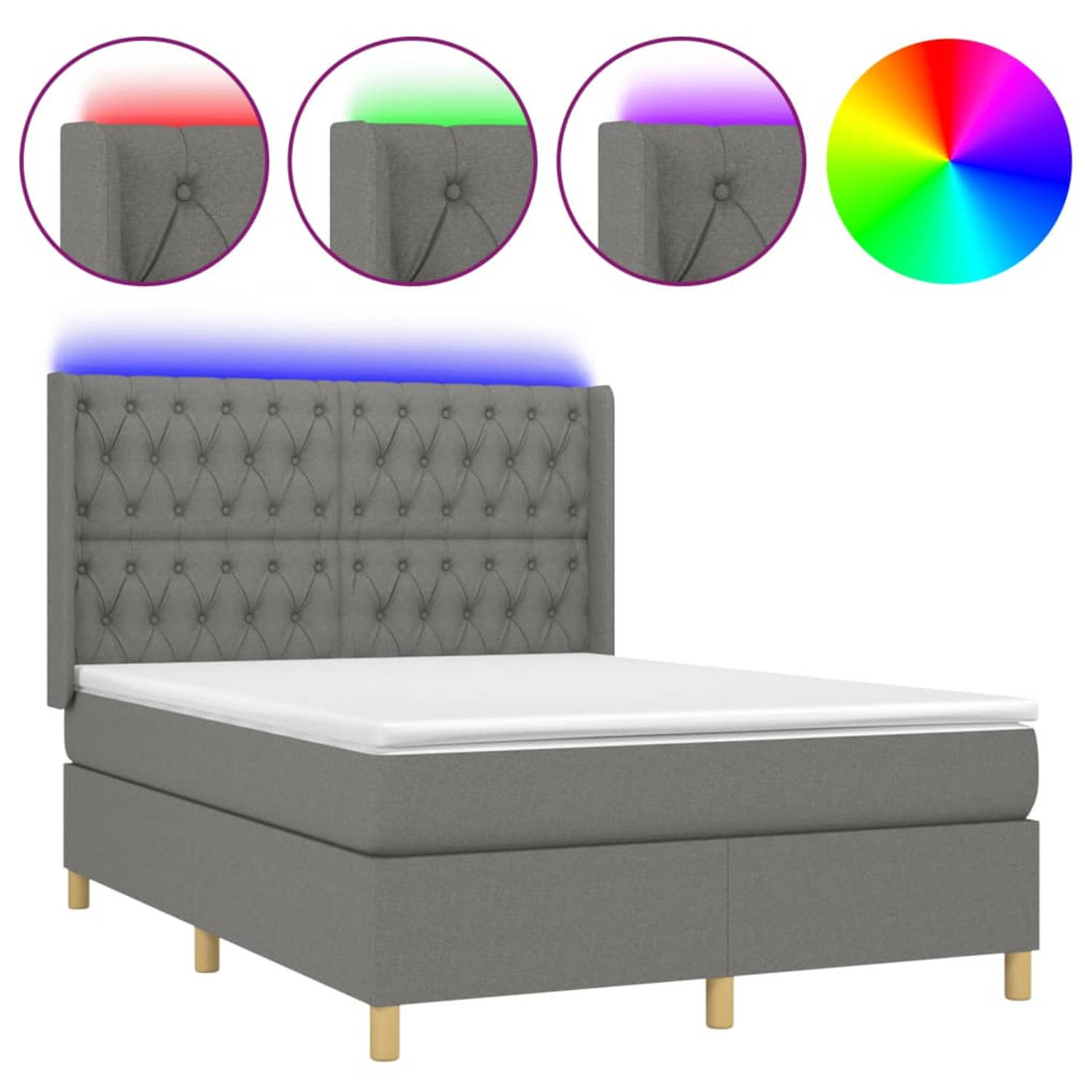 The Living Store Boxspring - Donkergrijs - 193x147x118/128 cm - LED - Pocketvering Matras