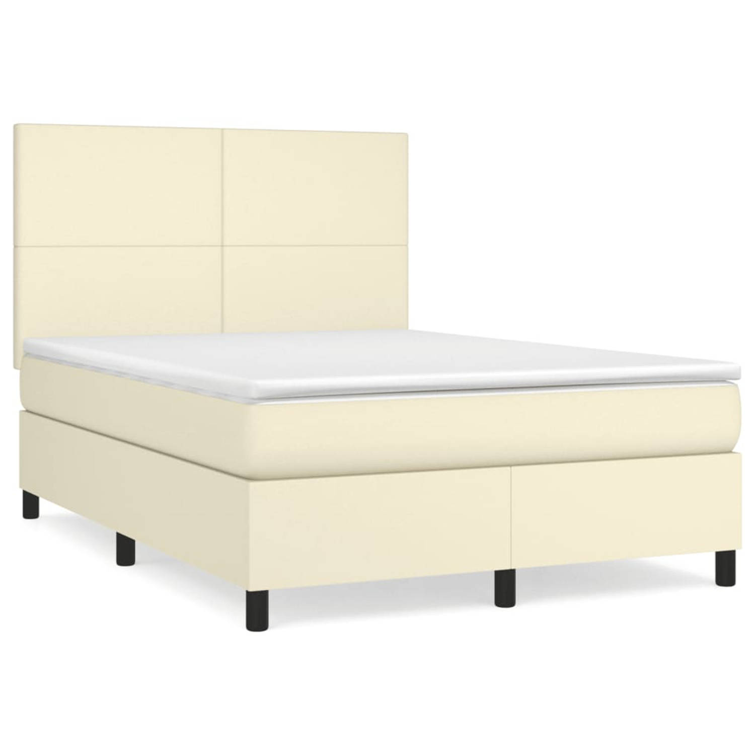 The Living Store Boxspringbed - Crème kunstleren bed met verstelbaar hoofdbord - 140 x 190 cm - Pocketvering matras -