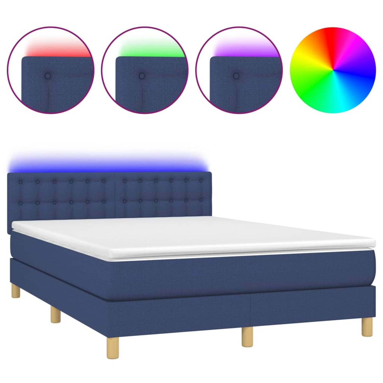 The Living Store Boxspring met matras en LED stof blauw 140x190 cm - Bed
