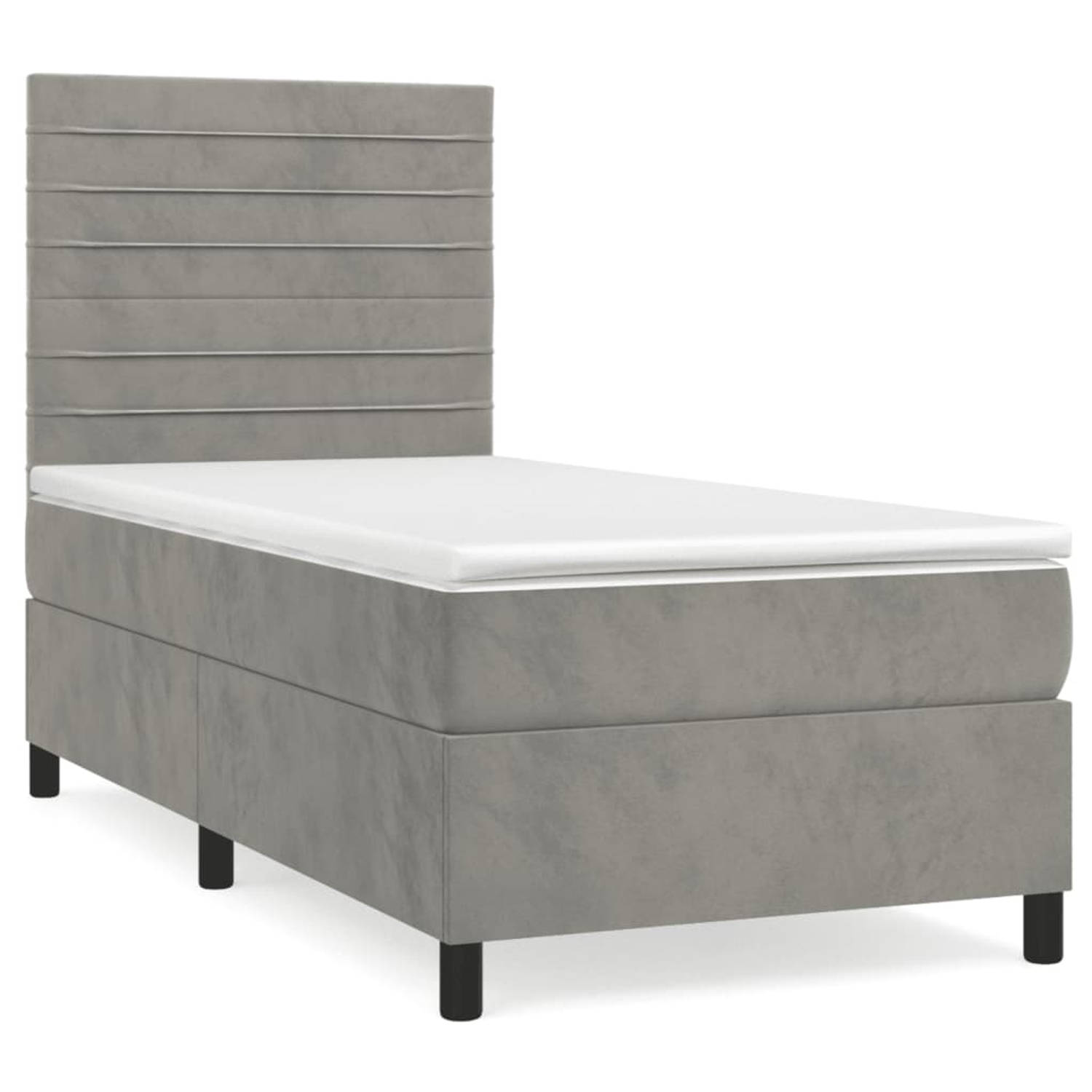 The Living Store Boxspringbed - Fluweel - Pocketvering - Middelharde ondersteuning - Lichtgrijs - 193x90x118/128 cm