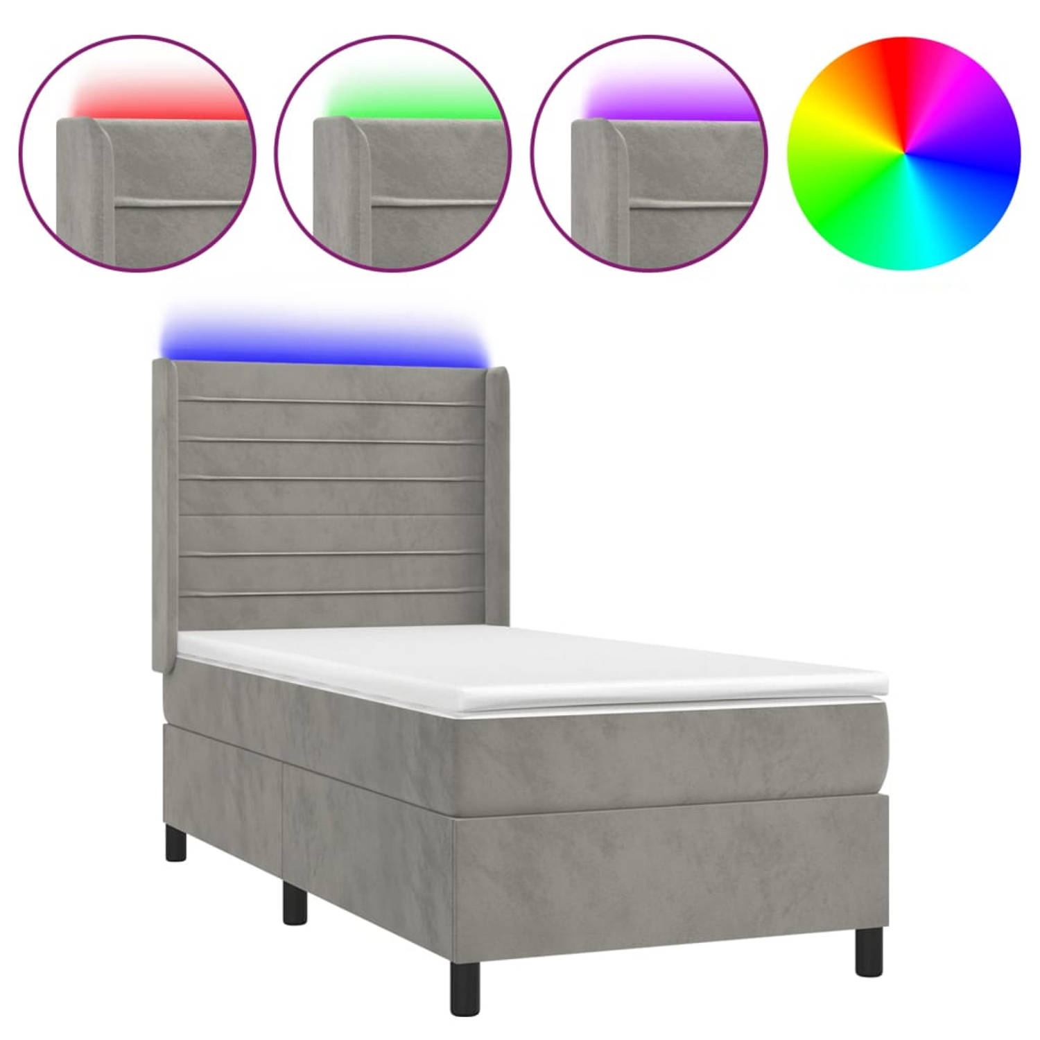 The Living Store Boxspring - Dynasty - Bed met Matras en LED - 193x93x118/128 cm - Lichtgrijs fluweel
