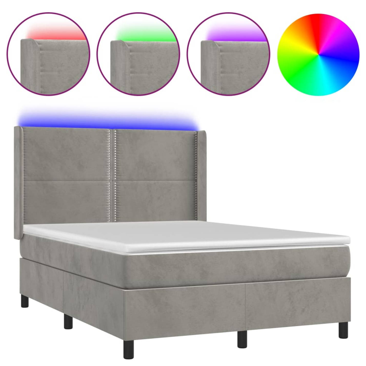 The Living Store Bed - LED - Fluwelen Stof - Verstelbaar Hoofdbord - Pocketvering - Huidvriendelijk - Lichtgrijs - 193x147x118/128 cm
