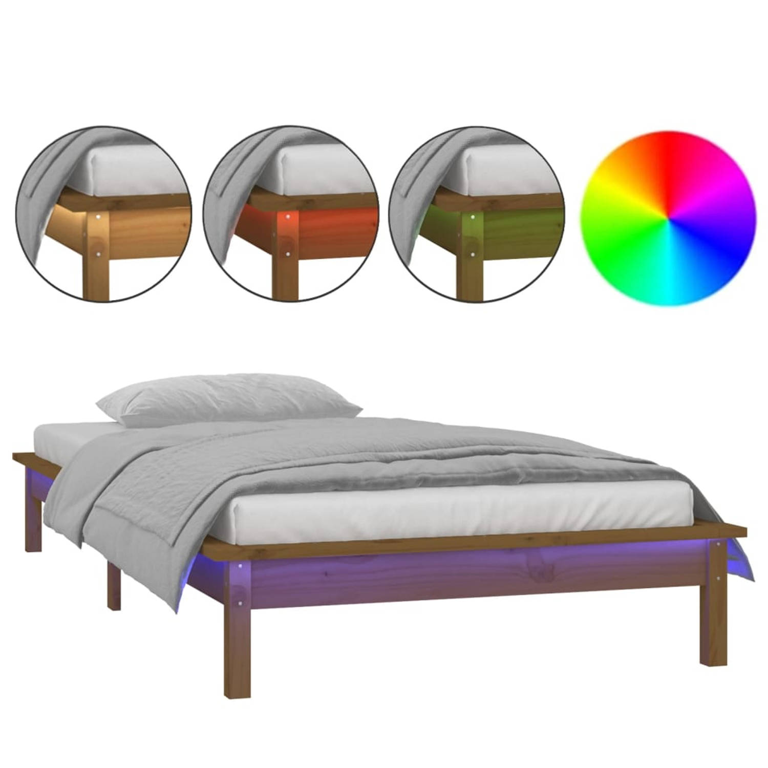 The Living Store houten bedframe - LED-verlichting - 90 x 200 cm - honingbruin