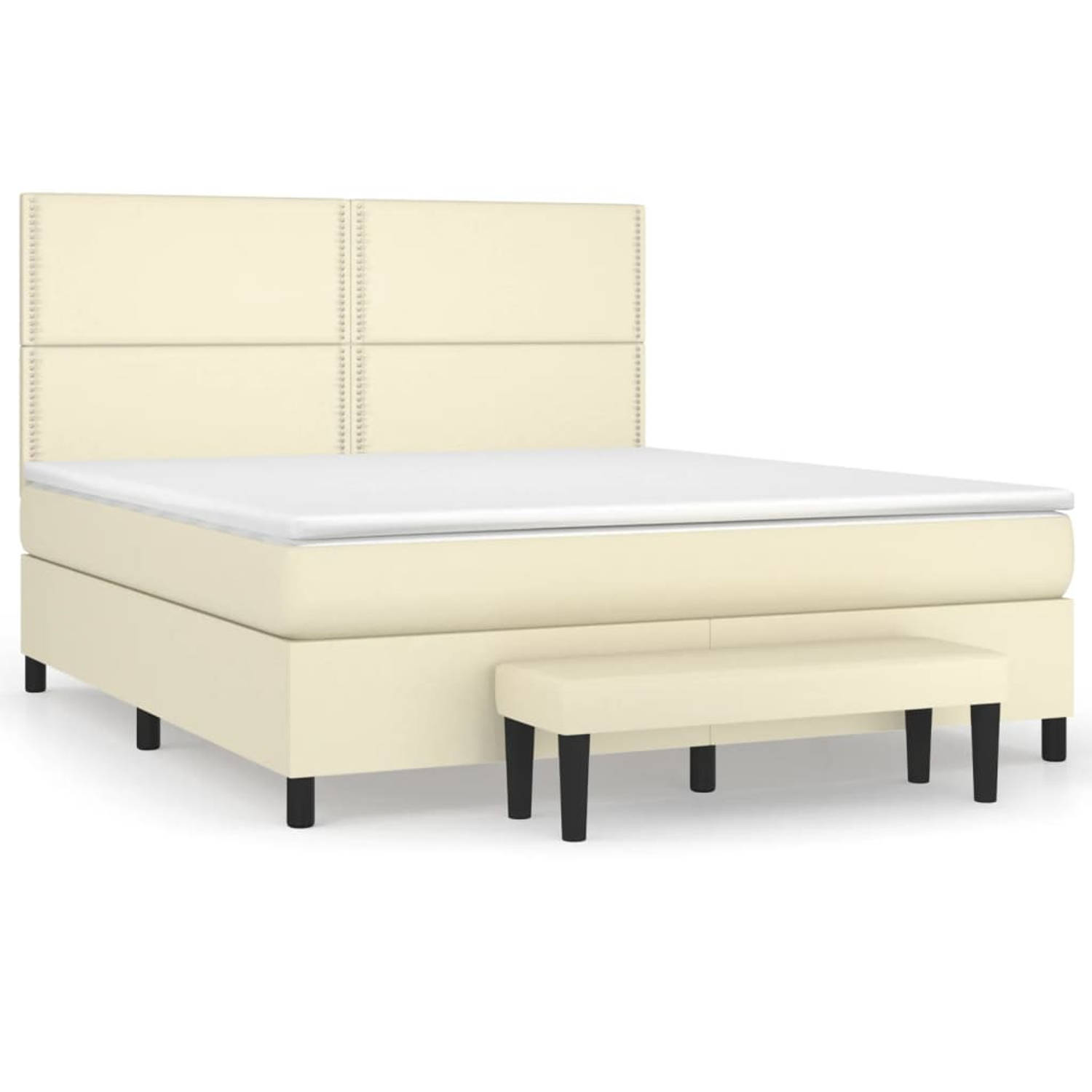 The Living Store Boxspring Bed - Crème - 203 x 160 cm - Duurzaam kunstleer - Verstelbaar hoofdbord - Pocketvering matras - Middelharde ondersteuning - Huidvriendelijk topmatras - M