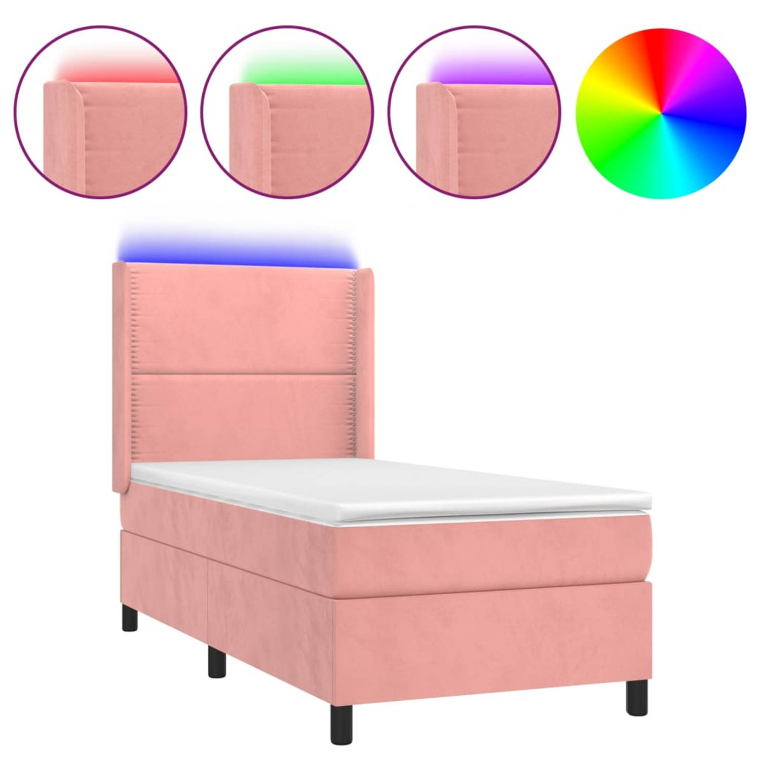 The Living Store Boxspring Bed - Roze Fluweel - 203 x 103 x 118/128 cm - LED Verlichting